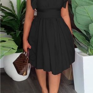 Black Casual Sweet Solid Patchwork Fold Turndown Collar A Line Dresses size L